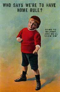 Image of an anti-Home Rule postcard showing a boy ready to fight