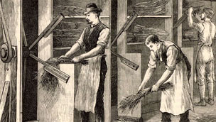 Drawing of men working with flax