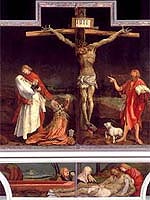 Jesus is shown on the cross surrounded by figures such as John the Baptist and his mother Mary. In a lower panel two women are shown preparing Jesus's corpse