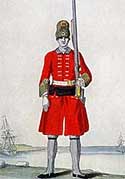 Image of soldier in  a red coat  and carrying a rifle from the 18th century