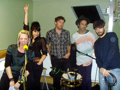 Dermot's guest presenter Zoe Ball with her studio guests Australia's Howling Bells.