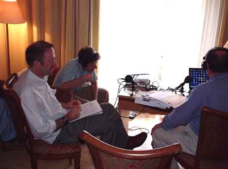 Broadcasting on the road - reporter Mike Thomson, producer Alexis Condon and presenter James Naughtie