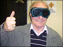 Ray wearing goggles