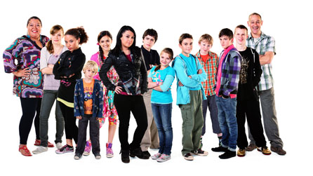 The cast of Tracy Beaker Returns (L to R) Kay Purcell as Gina, Jessie Williams as Lily, Saffron Coomber as Sapphire, Philip Graham Scott as Harry, Amy-Leigh Hickman as Carmen, Dani Harmer as Tracy Beaker, Noah Marullo as Gus, Mia McKenna-Bruce as Tee, Joe Maw as Johnny, John Bell as Toby, Richard Wisker as Liam, Christopher Slater as Frank and Connor Byrne as Mike