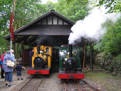 A scene on the Groudle Glen Railway from 2005 – the centenary celebrations for “Polar Bear” (left). Her older sister “Sea Lion”, 110 years old this year, is on the right.