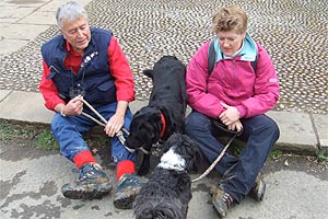 Gully and Archie along with owners Peter Donaldson and Clare compare notes at the end of the walk