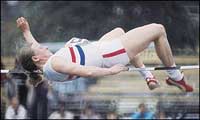 Peters, shown here high jumping, won the gold after a titanic struggle with local heroine Heide Rosendahl