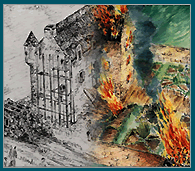 Image of artist's impression of Tully Castle on fire