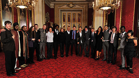 Goldie's Band - By Royal Appointment.  L-R: Will, Jasdeep, Shahid, Finn, Sean, Jack, Afrika, Soweto Kinch, Cerys Matthews, Goldie, Prince Harry, Steve Abbott, Lester, Guy Chambers, Ms Dynamite, Theone, Vahan, Kwabena and Natalie. 
