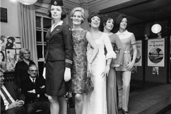 Libbie Escolme-Schmidt and other air stewardesses learning deportment in 1969