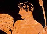 Storage jar showing two athletes roasting meat over an altar. The goddess Nike flies over it.