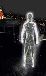 Figure appeared to be lit from within, like a human neon light