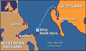map showing where the Princess Victoria sank in 1953