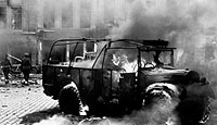 Damage done by a V-2 missile on a main intersection in Antwerp, Belgium