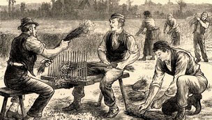 Drawing of men working with flax
