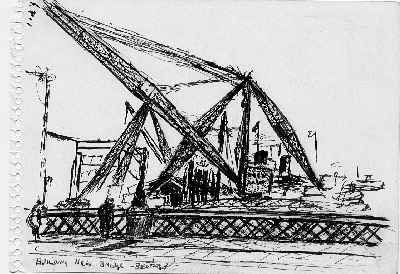 Building Queen Elizabeth II Bridge, Belfast.  Original drawing by Brian Willis.